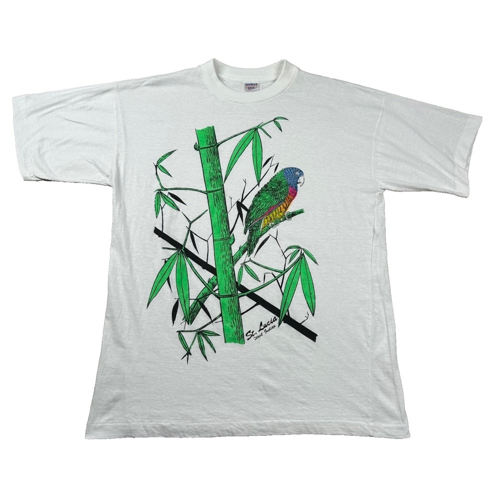 Vintage St. Lucia Shirt Mens XL West Indies Tropical Parrot Parakeet Jungle 90s